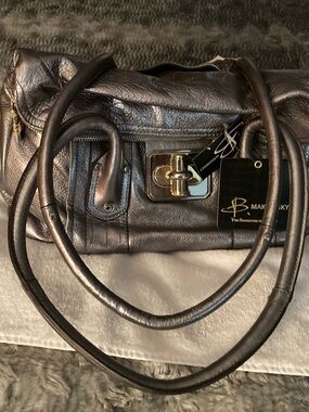 B Makowsky Metallic Silver  Leather Shoulder Bag with Gold and Silver  Hardware